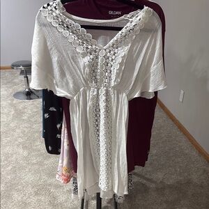 Gildan White Women's Blouse with Lace Accents